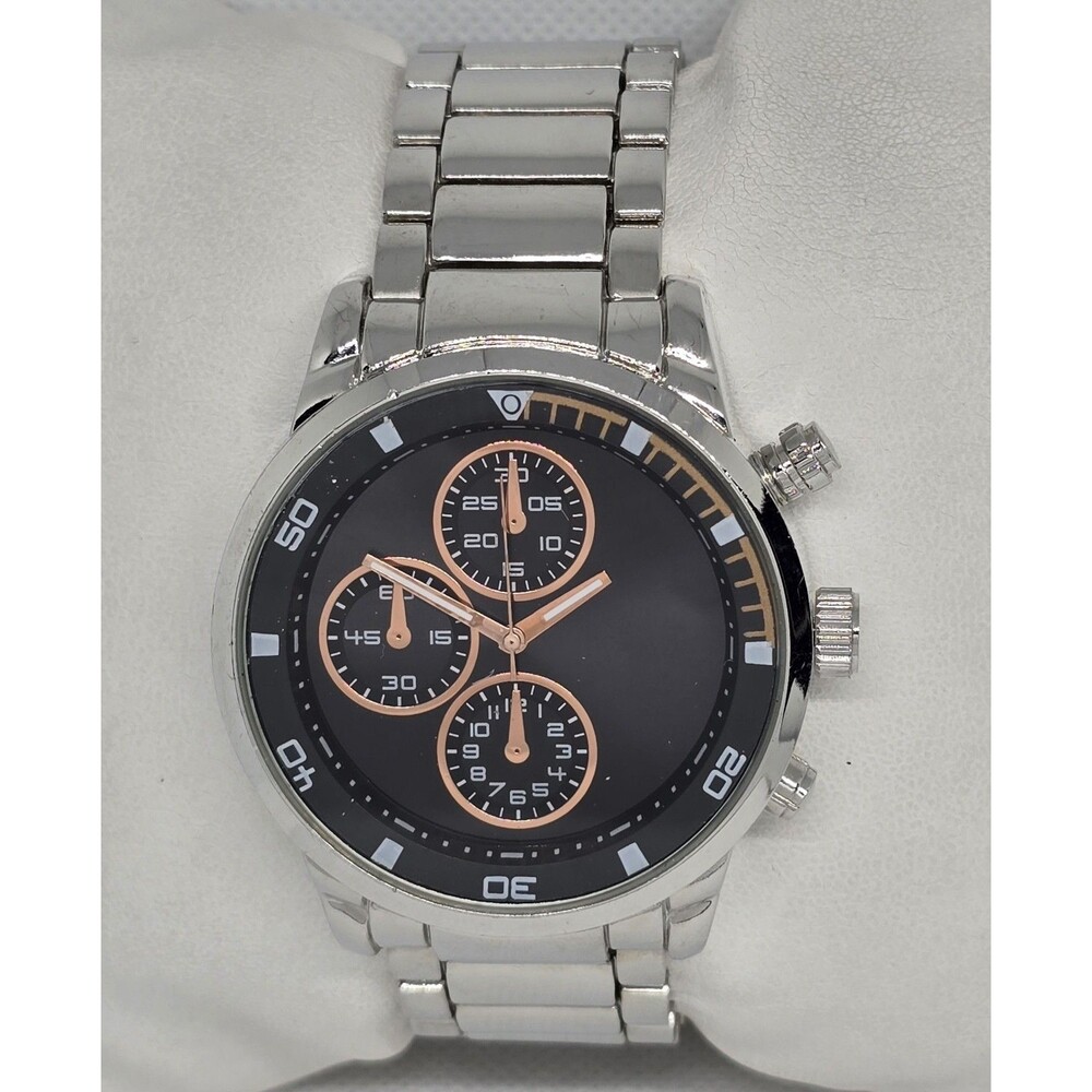 Men's Classic Round Black Dial Silver Tone Chrono Style Link Bracelet Watch 13